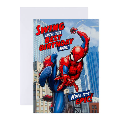 Hallmark Interactive Sound Card - Spider-man with a vibrant cover featuring Spider-Man and a birthday message in a cityscape background.