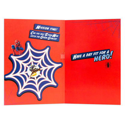 Hallmark Interactive Sound Card - Spider-man with a fun activity inside, featuring Spider-Man and Green Goblin graphics on a vibrant red background.