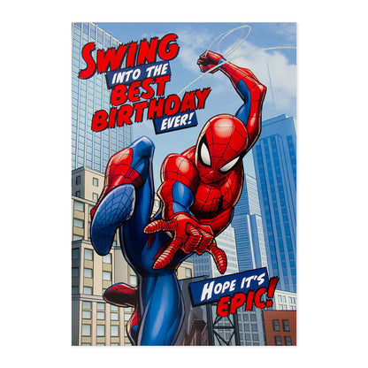 Hallmark Interactive Sound Card - Spider-man with vibrant artwork, featuring Spider-man and birthday message on front cover.