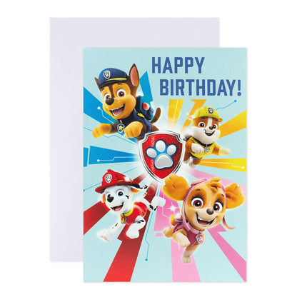 Hallmark Interactive Sound Card - Paw Patrol featuring colourful characters Chase, Marshall, Skye and Rubble with 'Happy Birthday!' message.