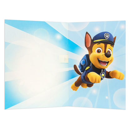 Hallmark Interactive Sound Card - Paw Patrol featuring Chase jumping on a bright blue background, blank space for personal messages.