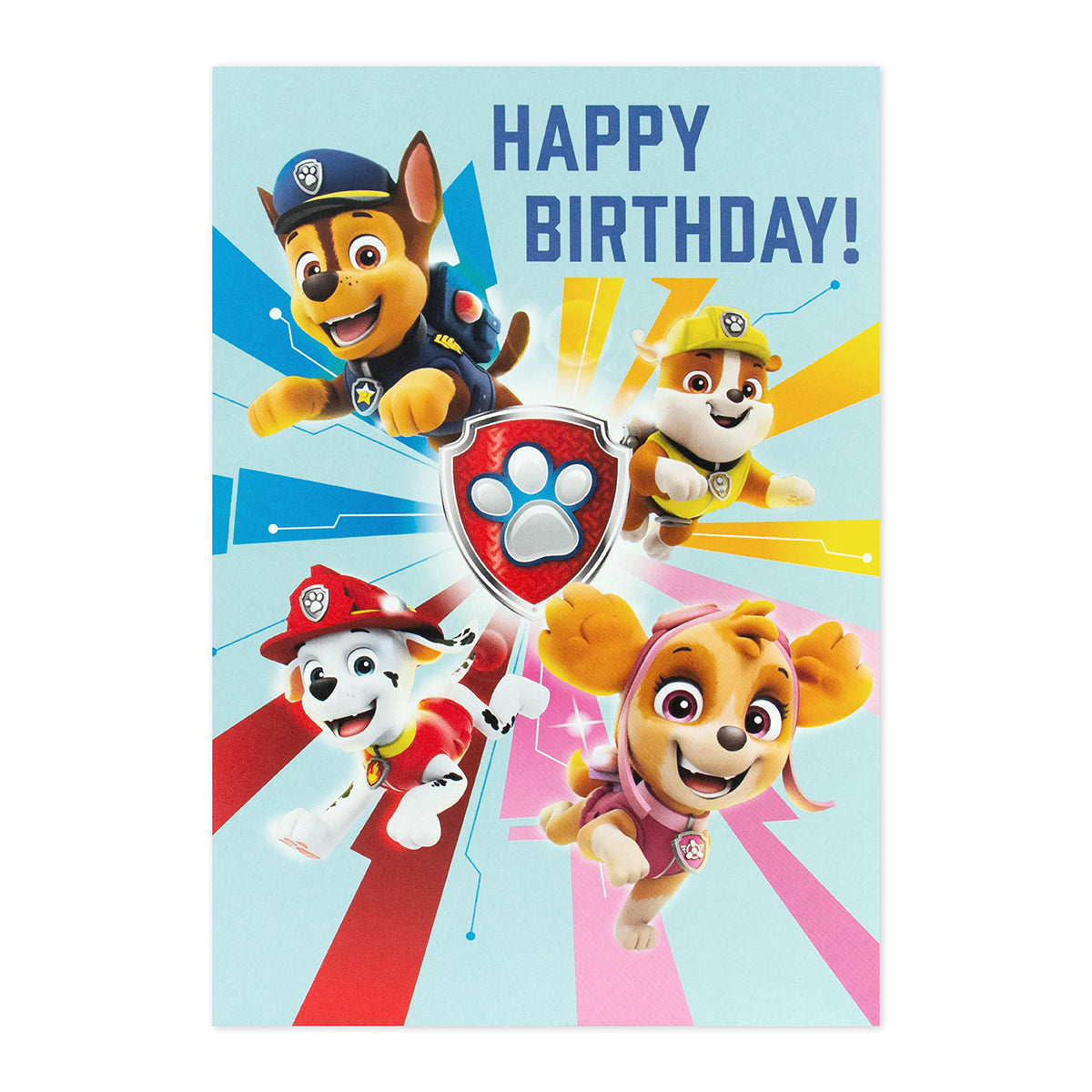 Hallmark Interactive Sound Card - Paw Patrol featuring colourful characters Chase, Marshall, Rubble, and Skye with a birthday message background.