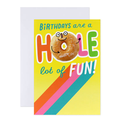 Hallmark Interactive Sound Card - 'Birthdays are a hole lot of fun' features a bright yellow background with a playful donut illustration.