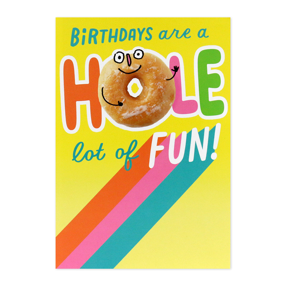 Hallmark Interactive Sound Card - 'Birthdays are a hole lot of fun', colourful design featuring a smiling doughnut and vibrant stripes.