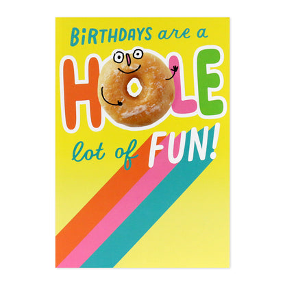 Hallmark Interactive Sound Card - 'Birthdays are a hole lot of fun', colourful design featuring a smiling doughnut and vibrant stripes.
