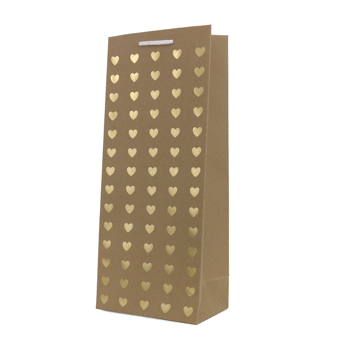 Hallmark bottle bag - Kraft & Gold Hearts with white cord handles, featuring gold foil hearts on a kraft background, stand-alone view