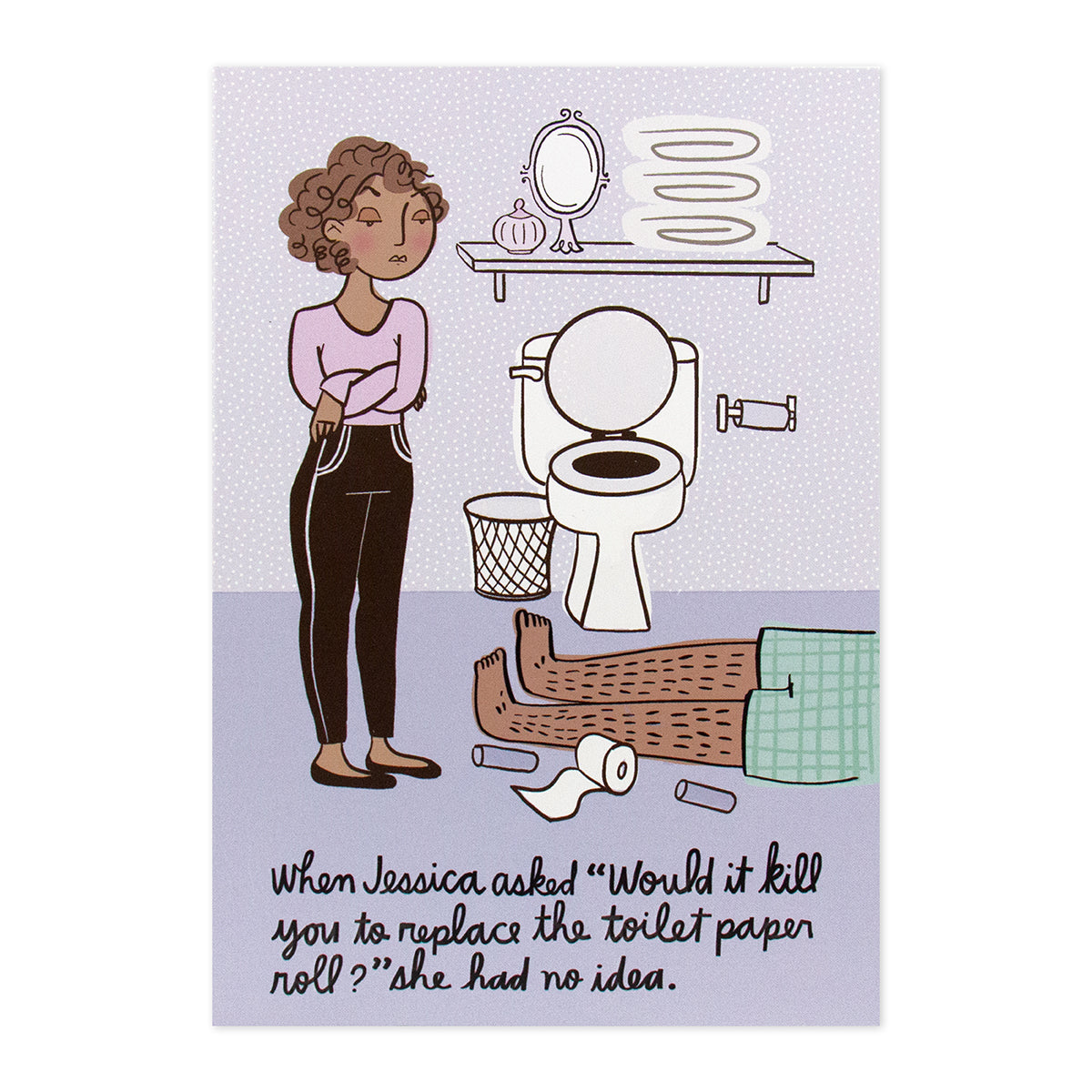 Hallmark Shoebox Birthday Card - Avoid Complicated Things featuring an illustration of a woman in bathroom looking at a fallen man.