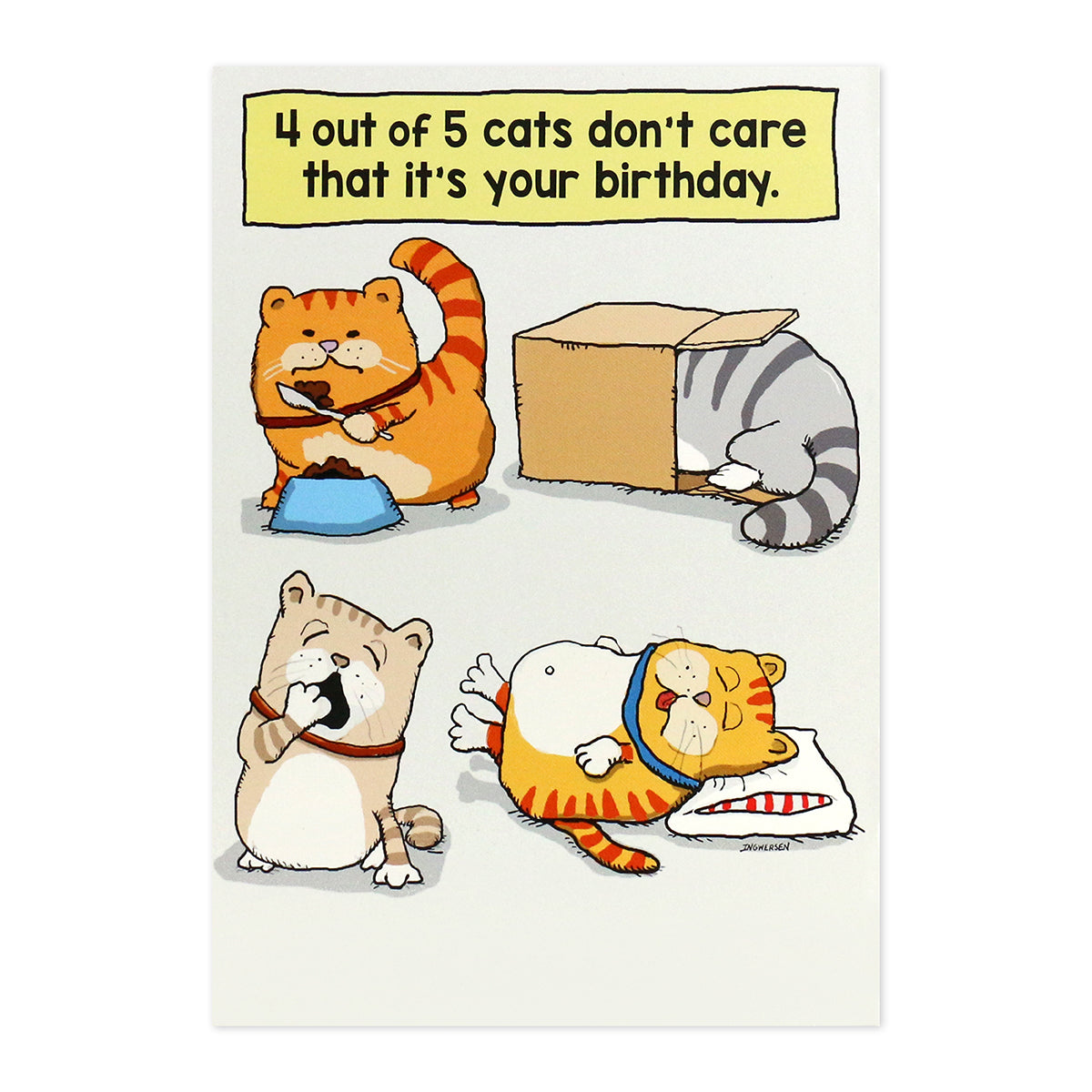 Hallmark Shoebox Birthday Card - 4 out of 5 Cats showing illustrated cats eating, napping, and hiding in a box, humorous design.