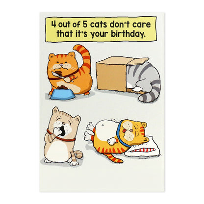 Hallmark Shoebox Birthday Card - 4 out of 5 Cats showing illustrated cats eating, napping, and hiding in a box, humorous design.