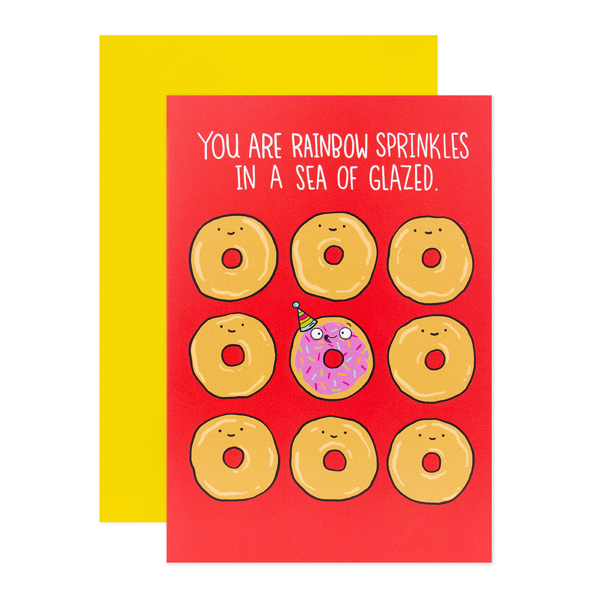 Hallmark Shoebox Birthday Card - Rainbow Sprinkles, colourful card featuring sprinkles donut, red background, playful design.