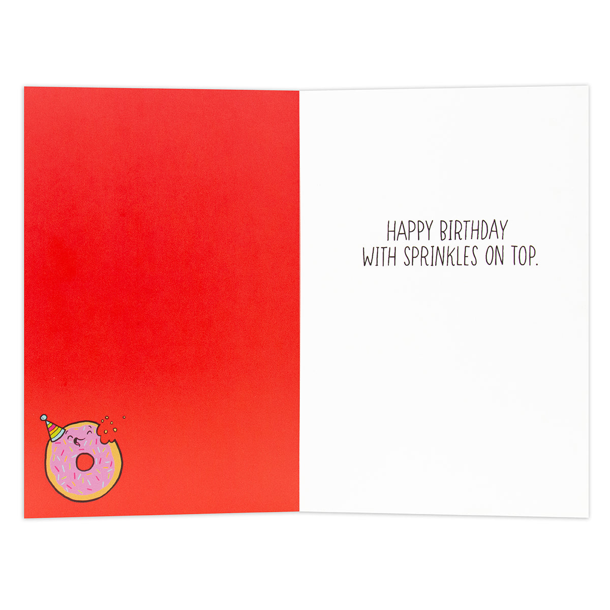 Hallmark Shoebox Birthday Card - Rainbow Sprinkles, inside view showing red background and donut illustration with birthday message.