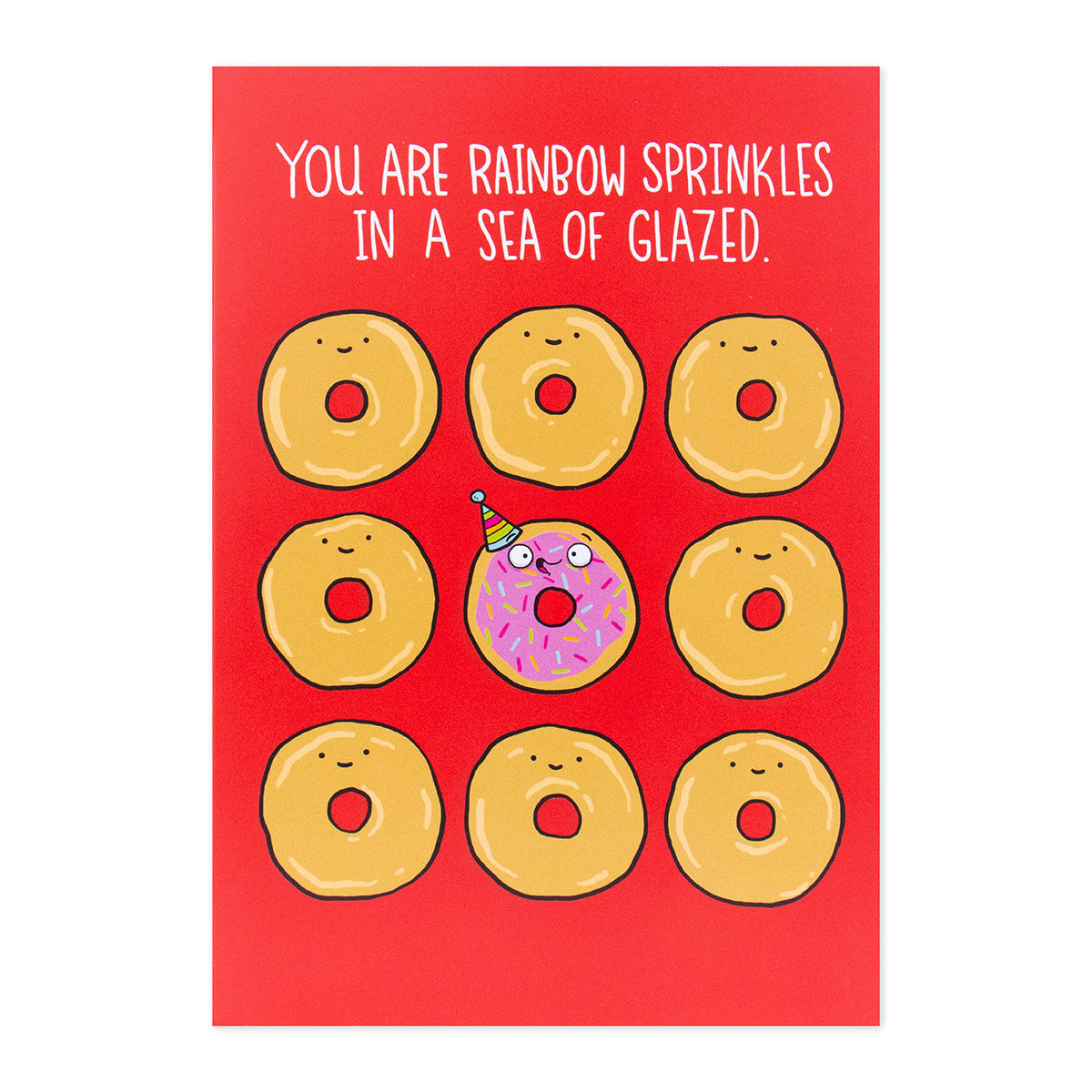 Hallmark Shoebox Birthday Card - Rainbow Sprinkles features a vibrant illustration of donuts on a red background, highlighting one festive donut.