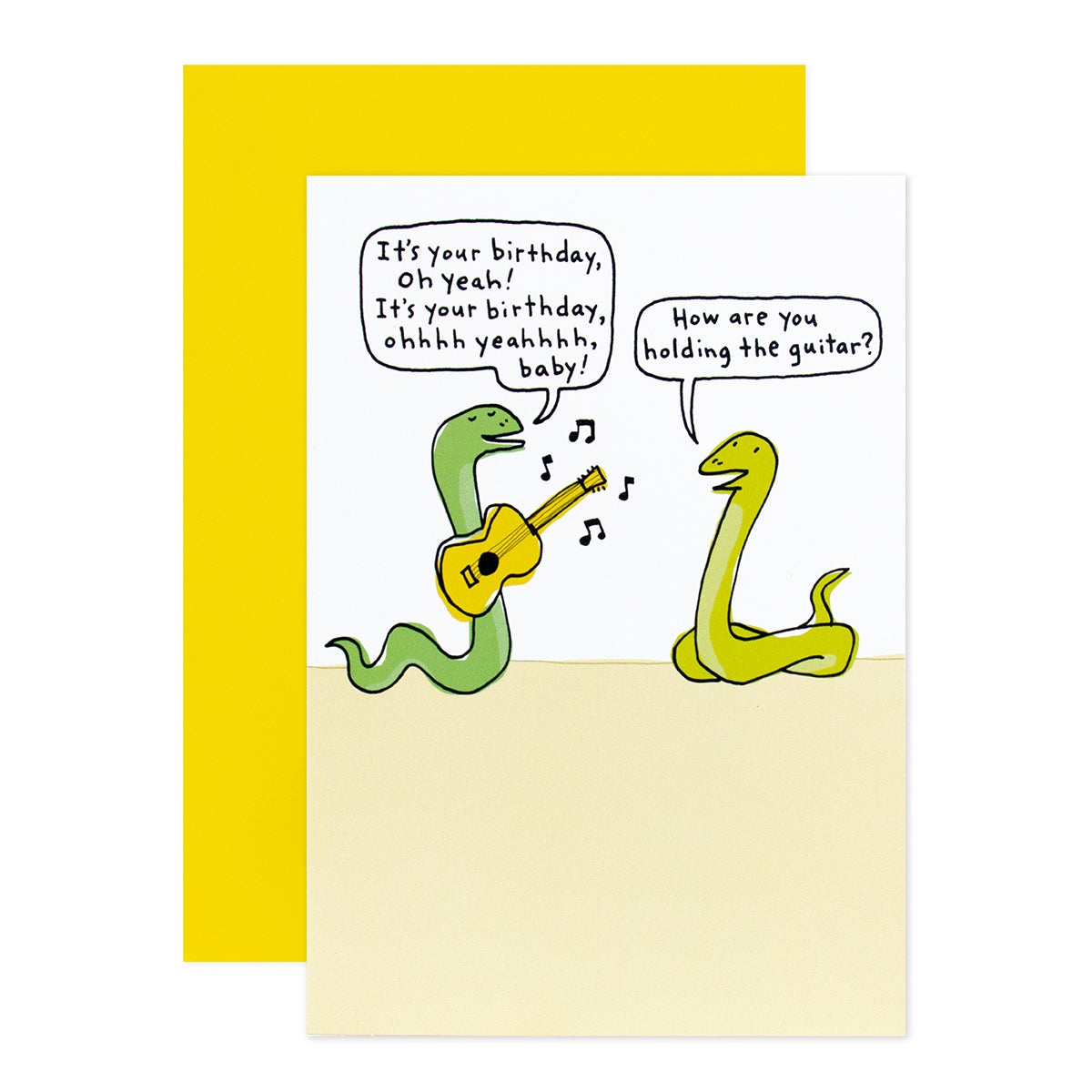 Hallmark Shoebox Birthday Card - Snakes & Guitar featuring two cartoon snakes singing with a guitar on a bright yellow background.