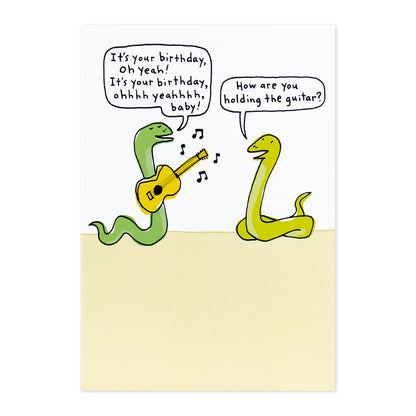 Hallmark Shoebox Birthday Card - Snakes & Guitar featuring two snakes, one singing with a guitar, illustrated design, humorous style.