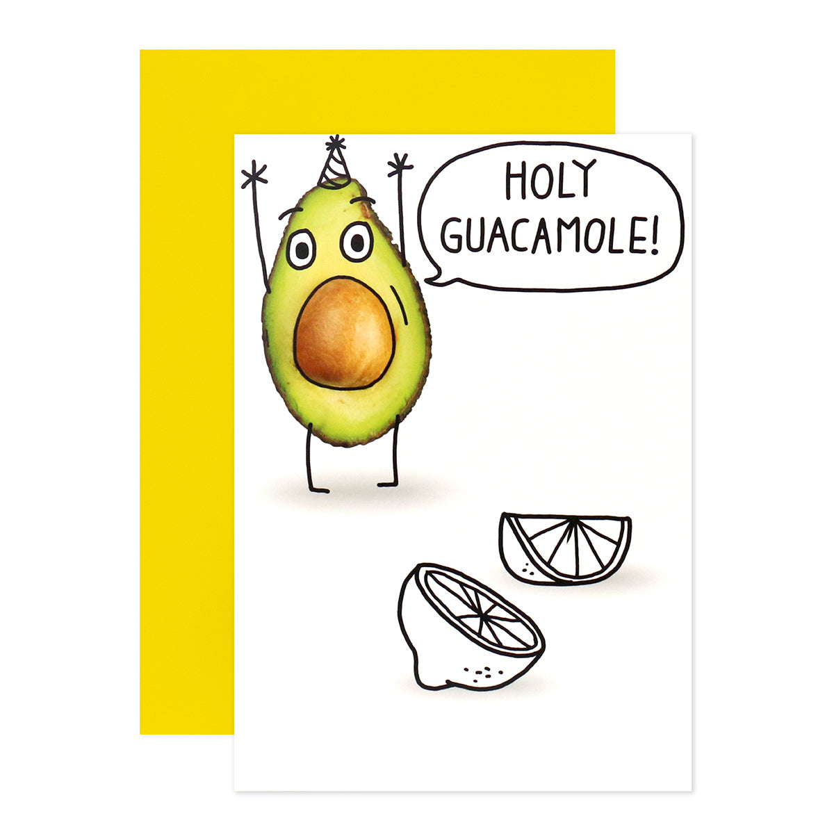 Hallmark Shoebox Birthday Card - Holy Guacamole! features a celebratory avocado character with arms raised and a yellow background.