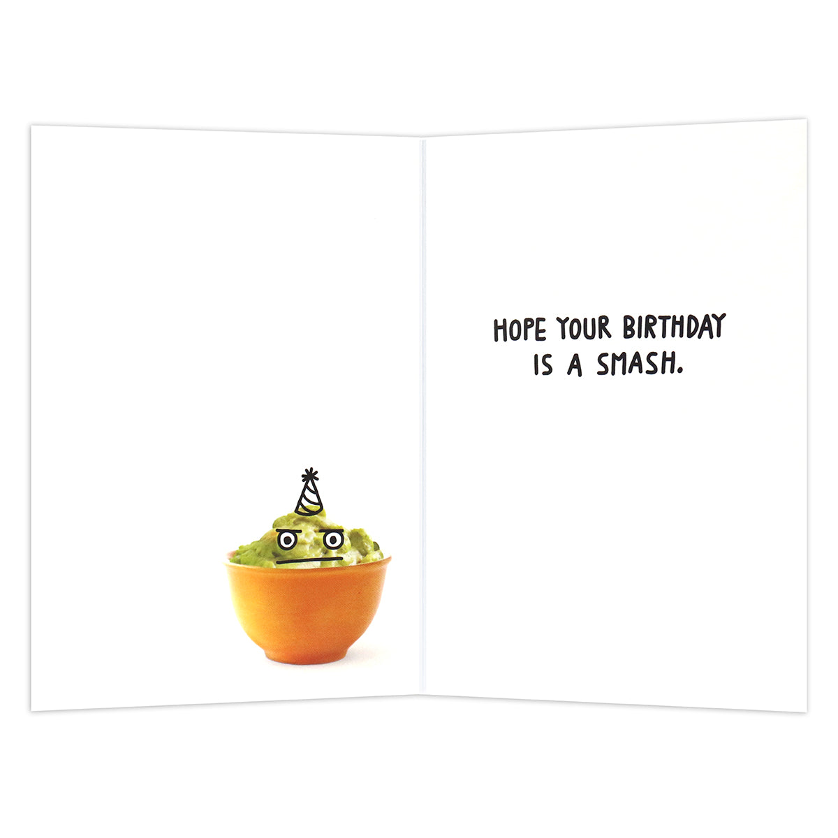 Hallmark Shoebox Birthday Card - Holy Guacamole! featuring a humorous guacamole bowl with an angry face and party hat, inside view.