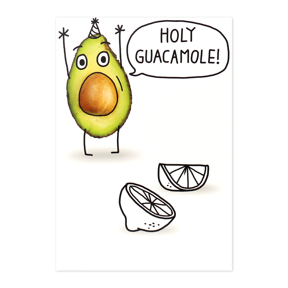 Hallmark Shoebox Birthday Card - Holy Guacamole! features a cartoon avocado with arms and legs, exclaiming joyful birthday message above two lime wedges.