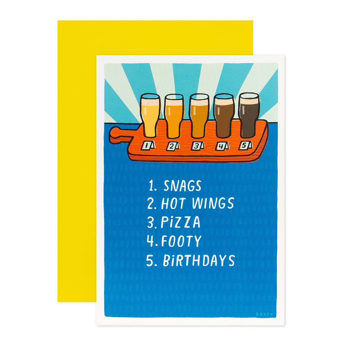 Hallmark Shoebox Birthday Card - Beer Goes With Everything, vibrant card illustration with beer tasting and humorous list on a blue background.
