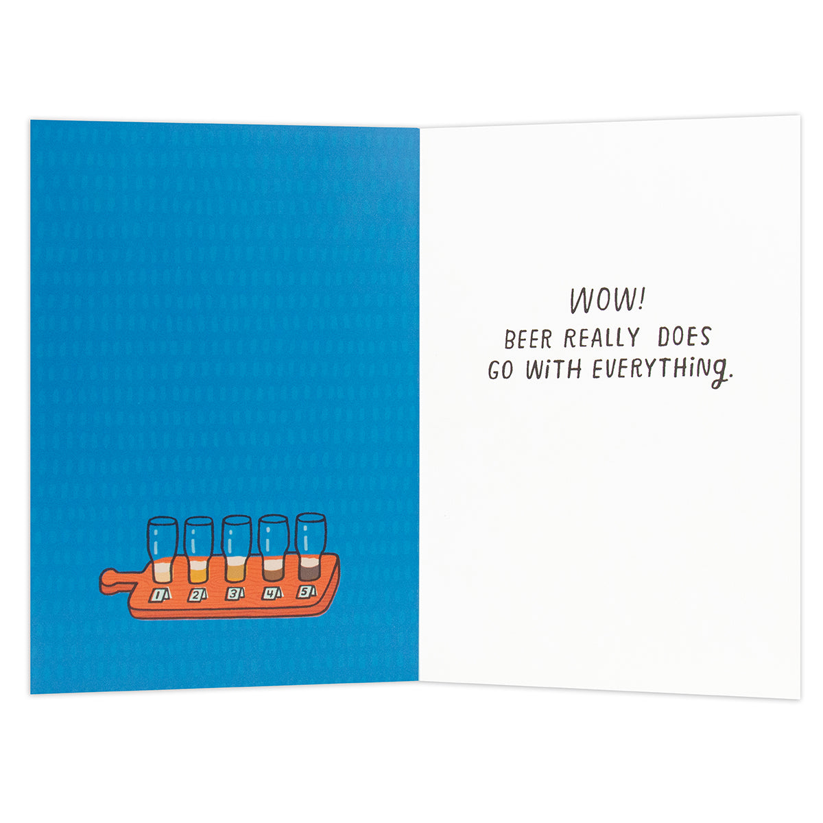 Hallmark Shoebox Birthday Card - Beer Goes With Everything, inside view featuring beer glasses illustration and humorous message.