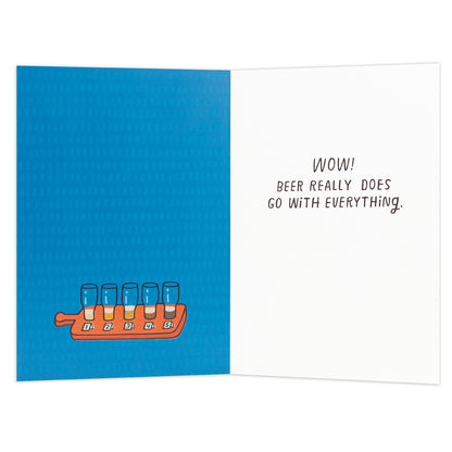 Hallmark Shoebox Birthday Card - Beer Goes With Everything, inside view featuring beer glasses illustration and humorous message.