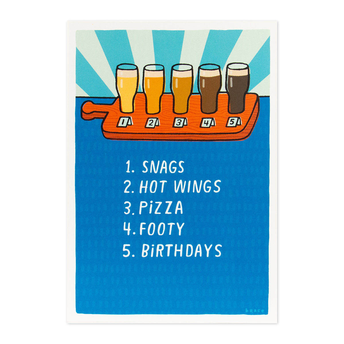 Hallmark Shoebox Birthday Card - Beer Goes With Everything featuring a colourful illustration of beer tasting and humorous list.