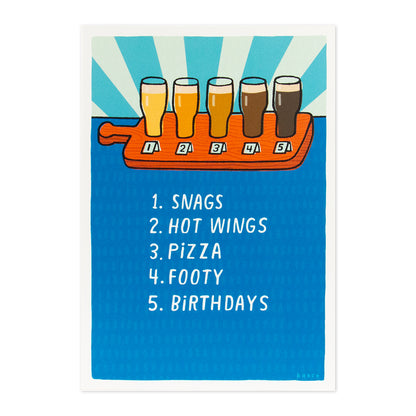Hallmark Shoebox Birthday Card - Beer Goes With Everything featuring a colourful illustration of beer tasting and humorous list.