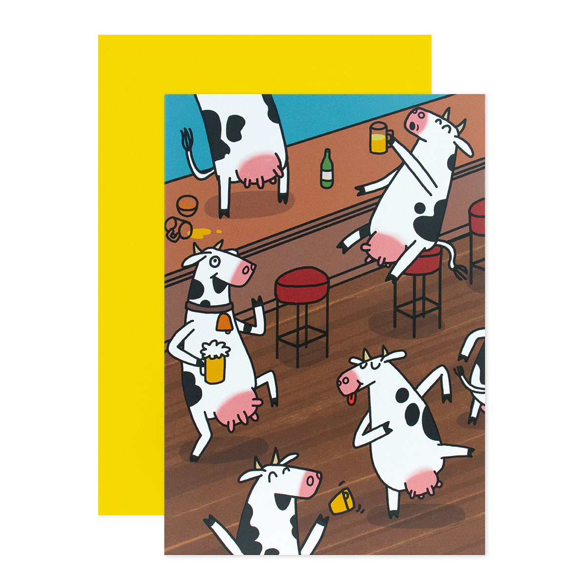Hallmark Shoebox Celebration Greeting Card - Cows Come Home featuring dancing cows at a bar, vibrant illustration on a yellow background.