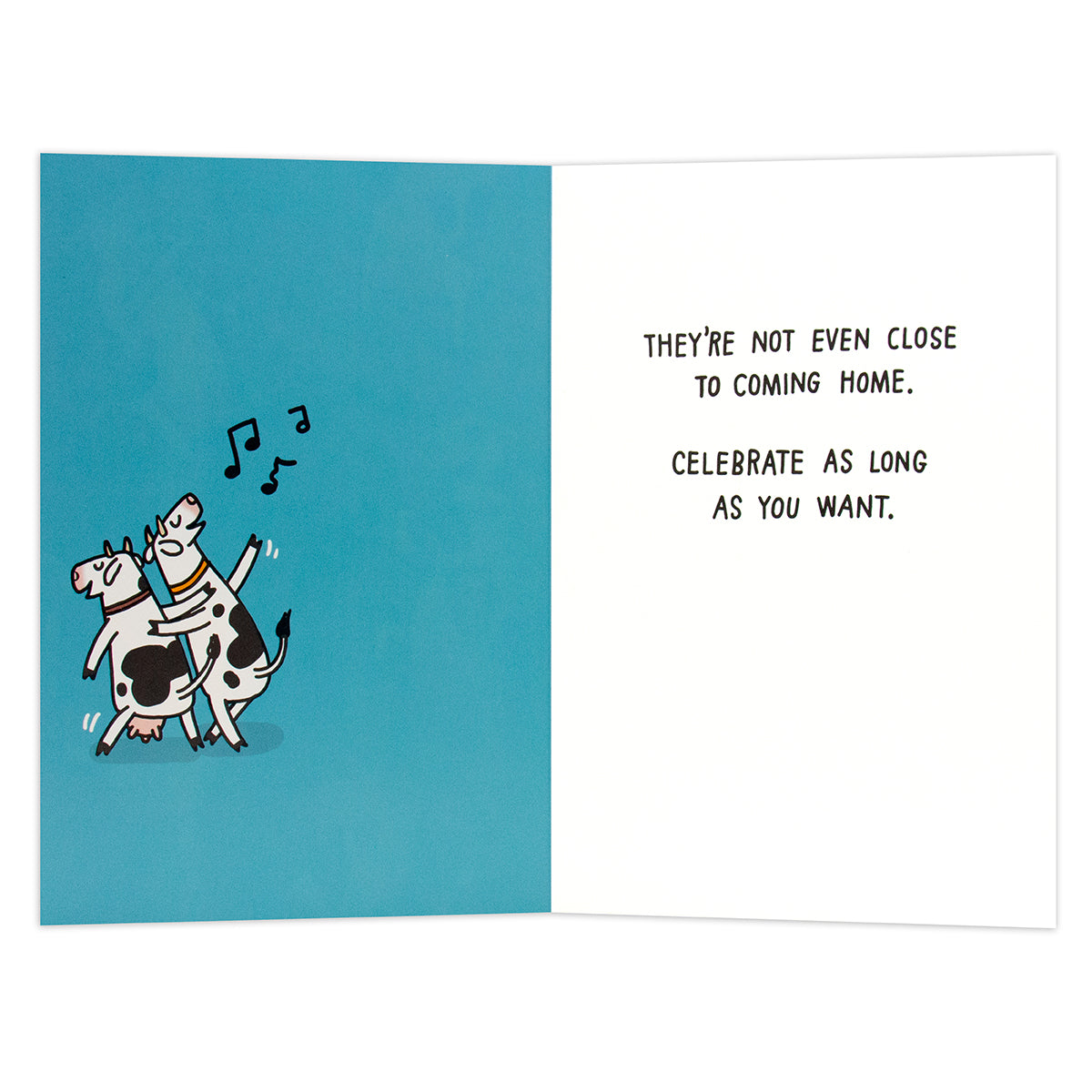 Hallmark Shoebox Celebration Greeting Card - Cows Come Home, inside view featuring two cows singing, vibrant blue background, humorous message.