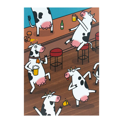 Hallmark Shoebox Celebration Greeting Card - Cows Come Home, fun greeting card featuring playful cows celebrating at a bar.