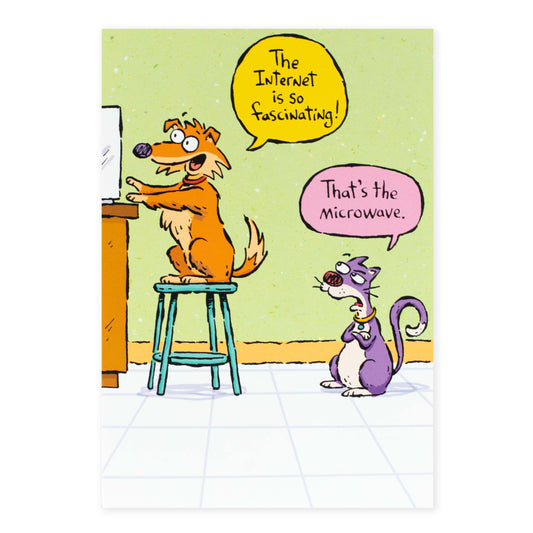 Hallmark Shoebox Birthday Card - Baffled-By-Technology Years with a dog and cat illustration, featuring humorous dialogue about technology.