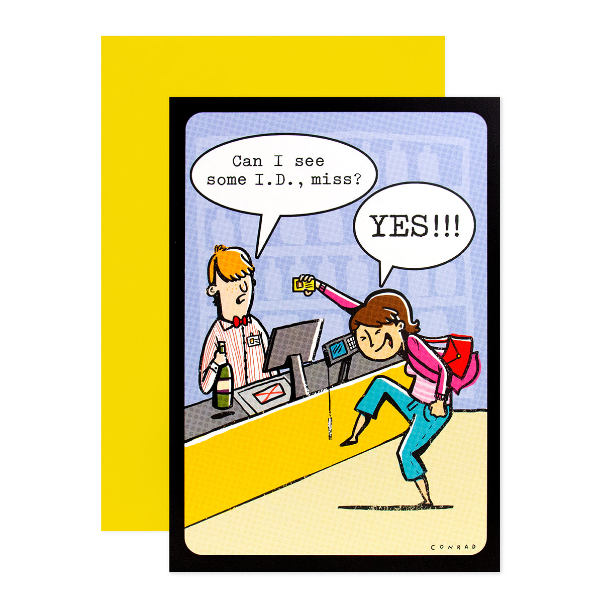 Hallmark Shoebox Birthday Card - Wildest Wishes, humorous card featuring a woman at a liquor store, vibrant illustration with yellow envelope