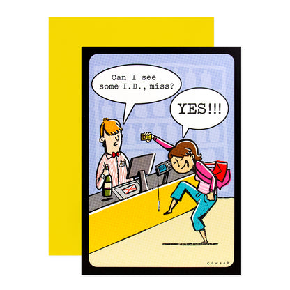 Hallmark Shoebox Birthday Card - Wildest Wishes, humorous card featuring a woman at a liquor store, vibrant illustration with yellow envelope