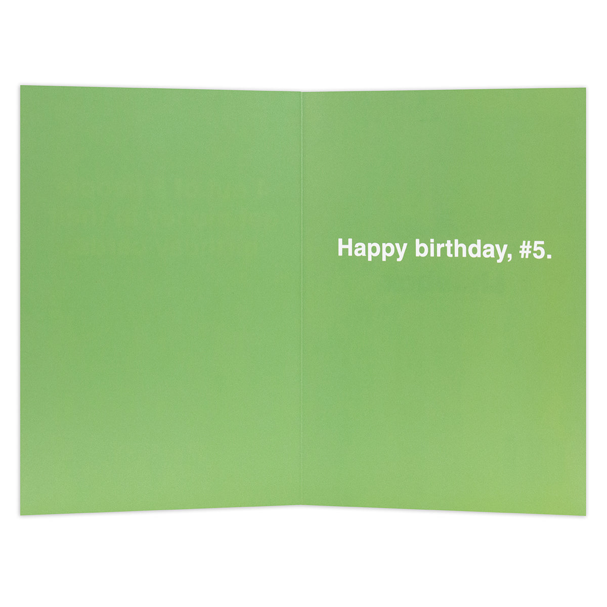 Hallmark Shoebox Birthday Card - #5, open view, featuring green interior with the message 'Happy birthday, #5.' in white text.