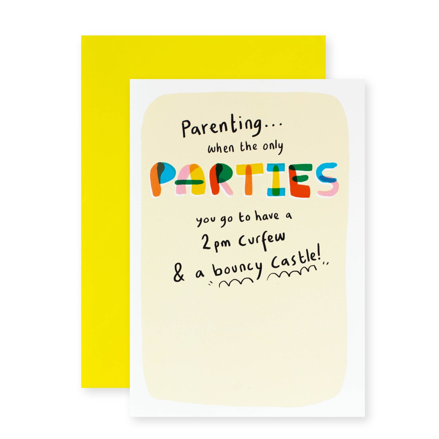 Hallmark Shoebox Greeting Card - Parenting & Parties features a colourful front design and a coordinating yellow envelope.