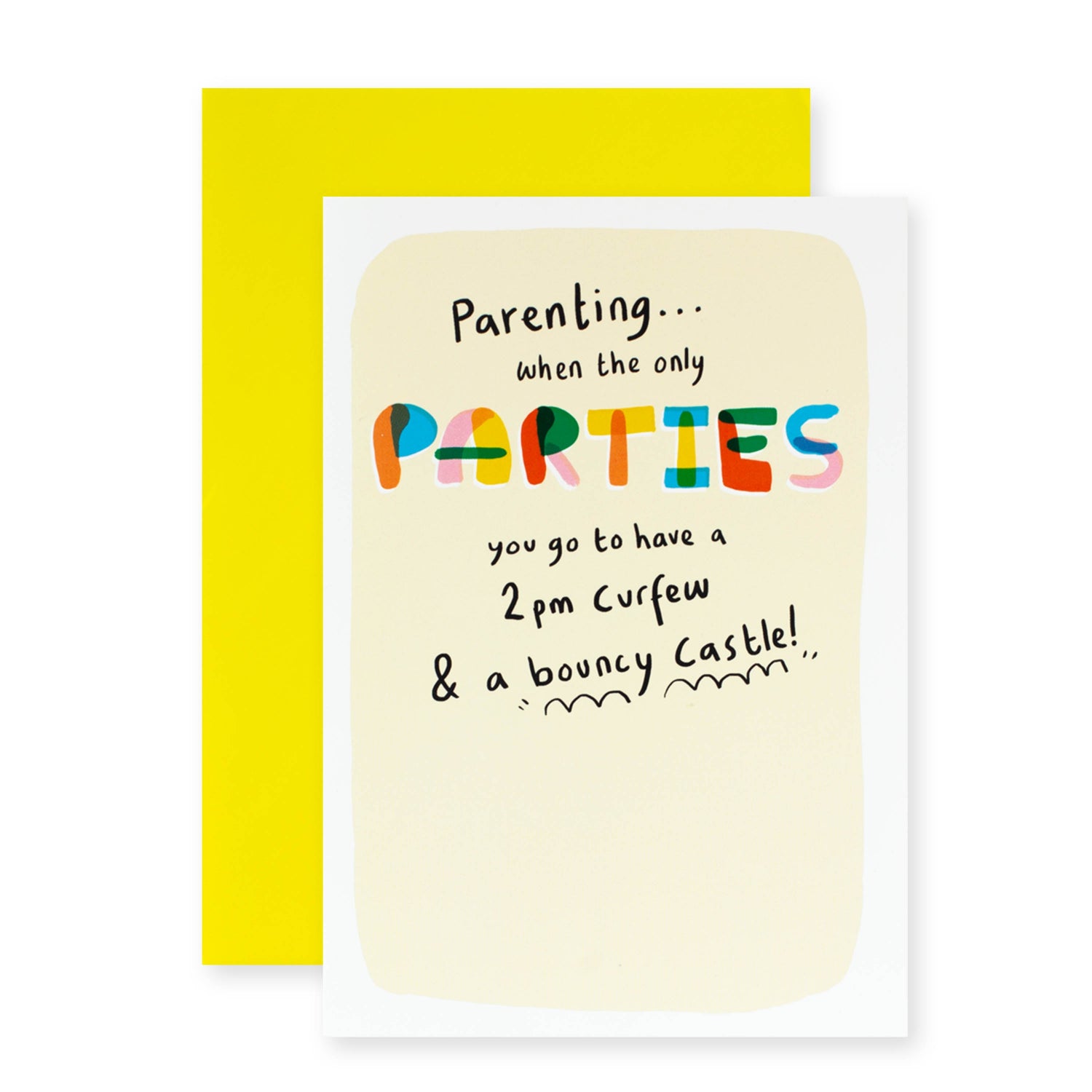 Hallmark Shoebox Greeting Card - Parenting & Parties features a colourful front design and a coordinating yellow envelope.
