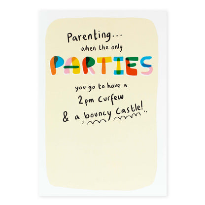 Hallmark Shoebox Greeting Card - Parenting & Parties featuring colourful lettering and playful design, flat lay presentation.