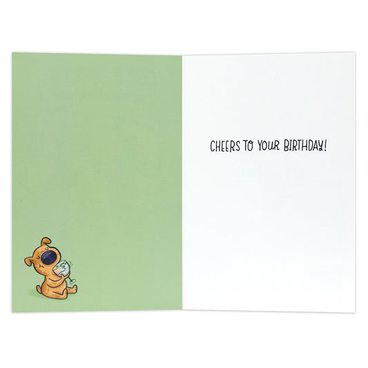 Hallmark Shoebox Birthday Card - Toilet Water interior view with green background, featuring a dog holding a wine glass and birthday message.