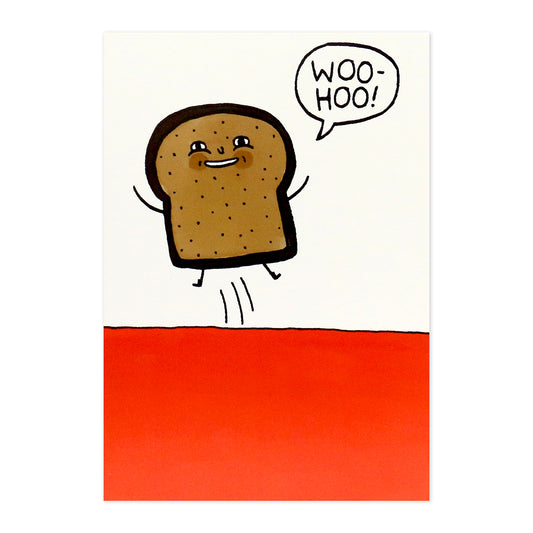 Hallmark Shoebox Greeting Card - Little Toast featuring a happy toast character with the message “WOO-HOO!” on a vibrant red background.