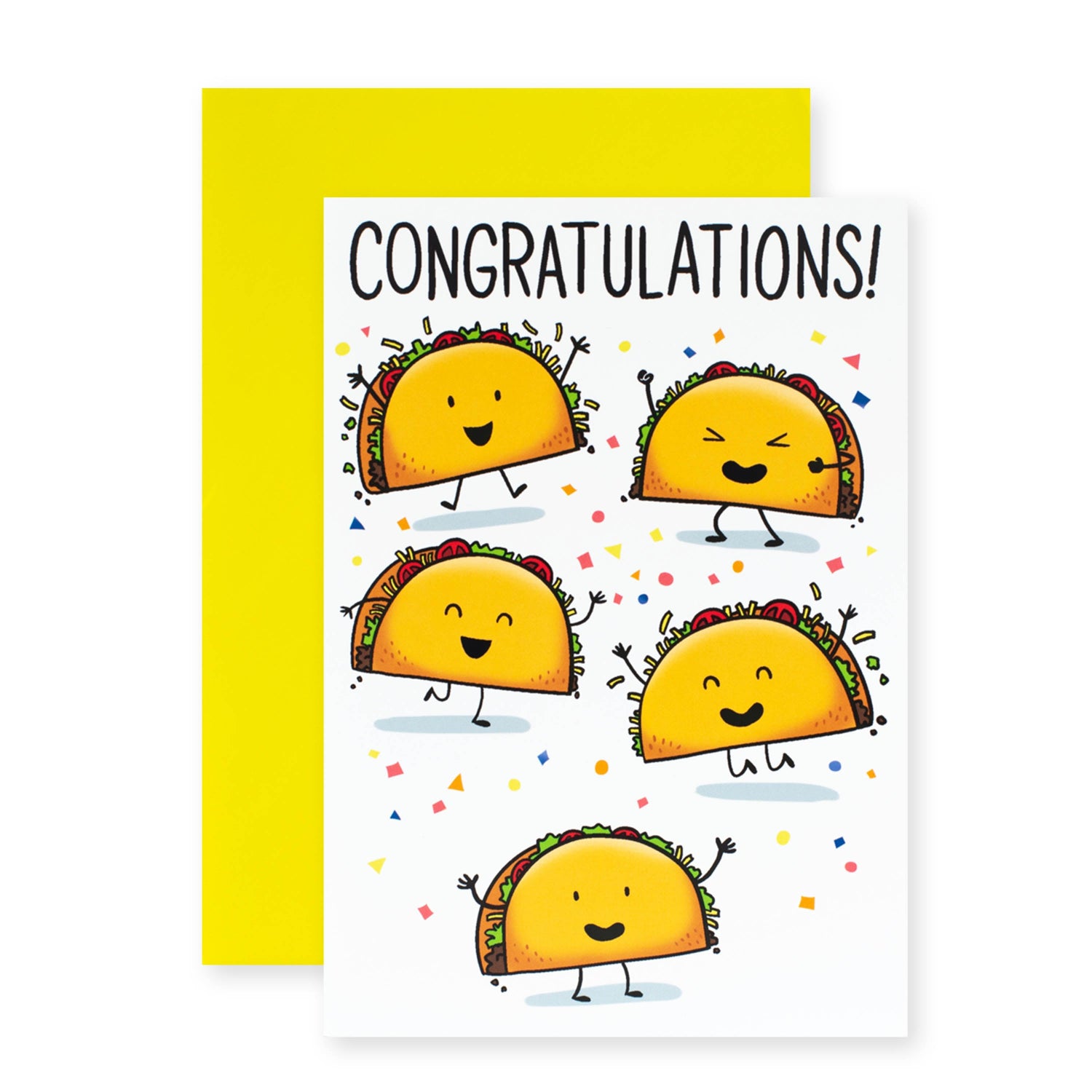 Hallmark Shoebox Congratulations Greeting Card - Taco Celebration, cheerful design with colourful tacos and confetti on a white background.
