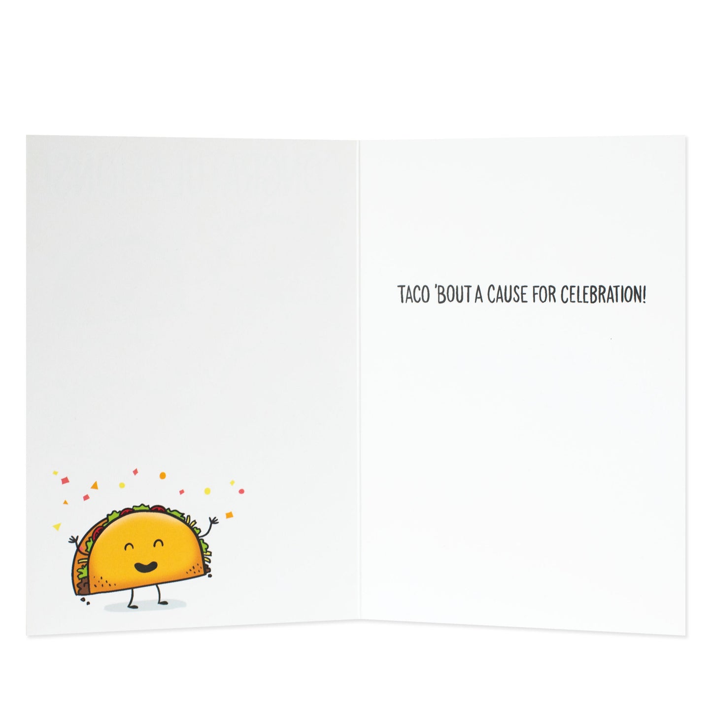 Hallmark Shoebox Congratulations Greeting Card - Taco Celebration with a cheerful taco illustration and confetti inside.