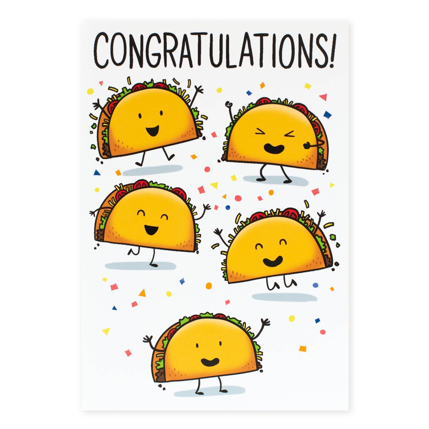 Hallmark Shoebox Congratulations Greeting Card - Taco Celebration featuring cheerful taco illustrations with confetti on a white background.