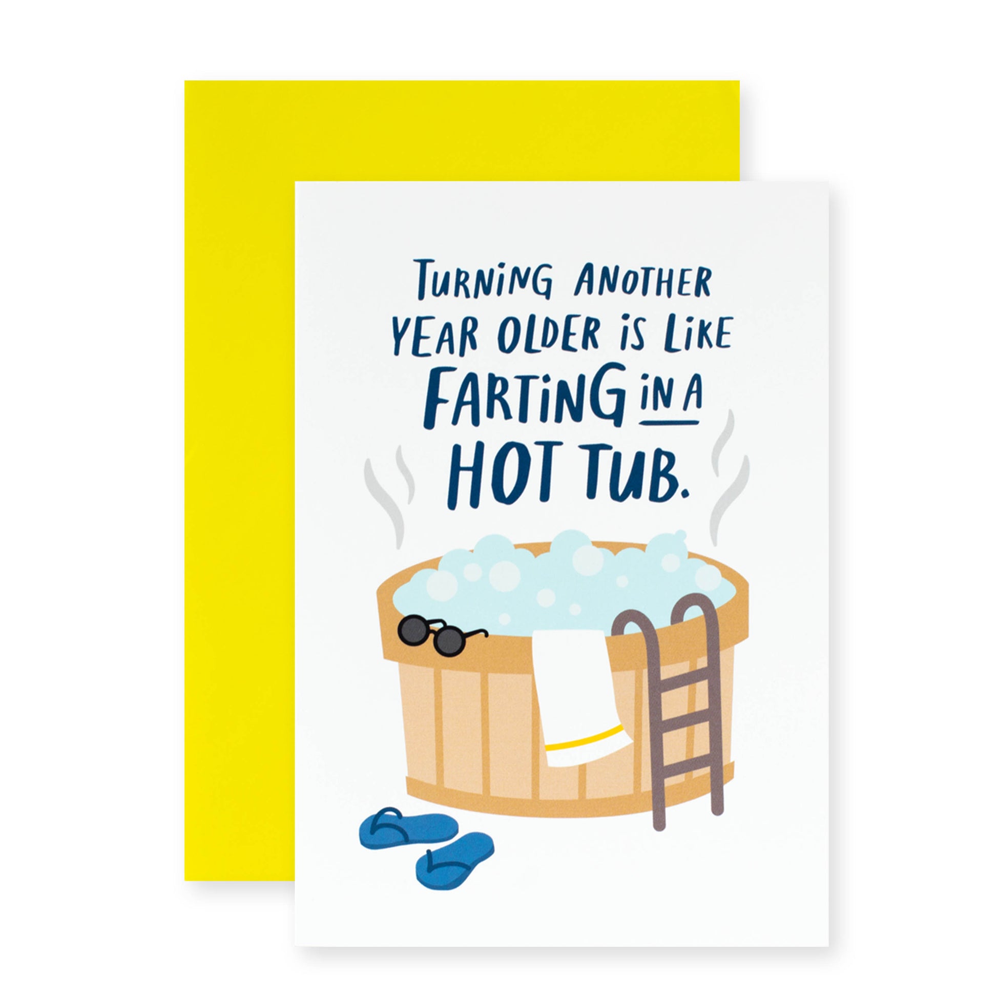 Hallmark Shoebox Birthday Card - Farting In A Hot Tub, featuring hot tub illustration and bright yellow envelope, front view.