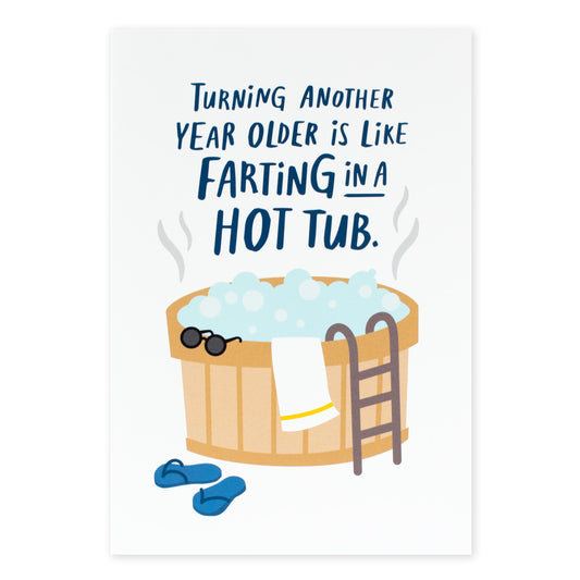 Hallmark Shoebox Birthday Card - Farting In A Hot Tub featuring a humorous illustration of a hot tub with bubbles and sunglasses.