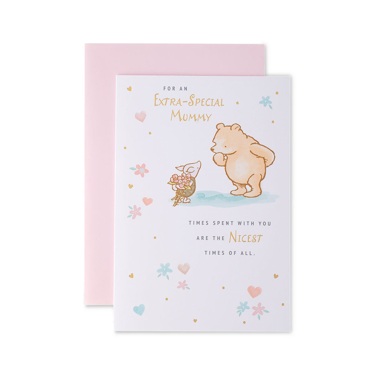 Hallmark Mother's Day Card - Mummy Winnie the Pooh featuring adorable illustrations, gold foiled text, and a pastel pink envelope.