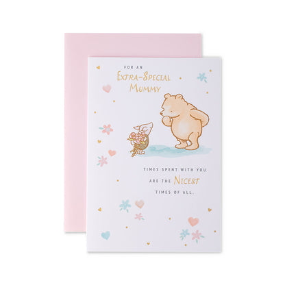 Hallmark Mother's Day Card - Mummy Winnie the Pooh featuring adorable illustrations, gold foiled text, and a pastel pink envelope.