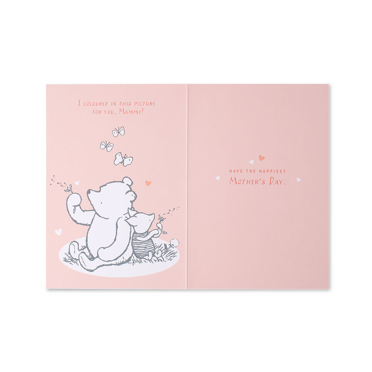 Hallmark Mother's Day Card - Mummy Winnie the Pooh opened, featuring pink interior with a drawing of Pooh and heartfelt messages.