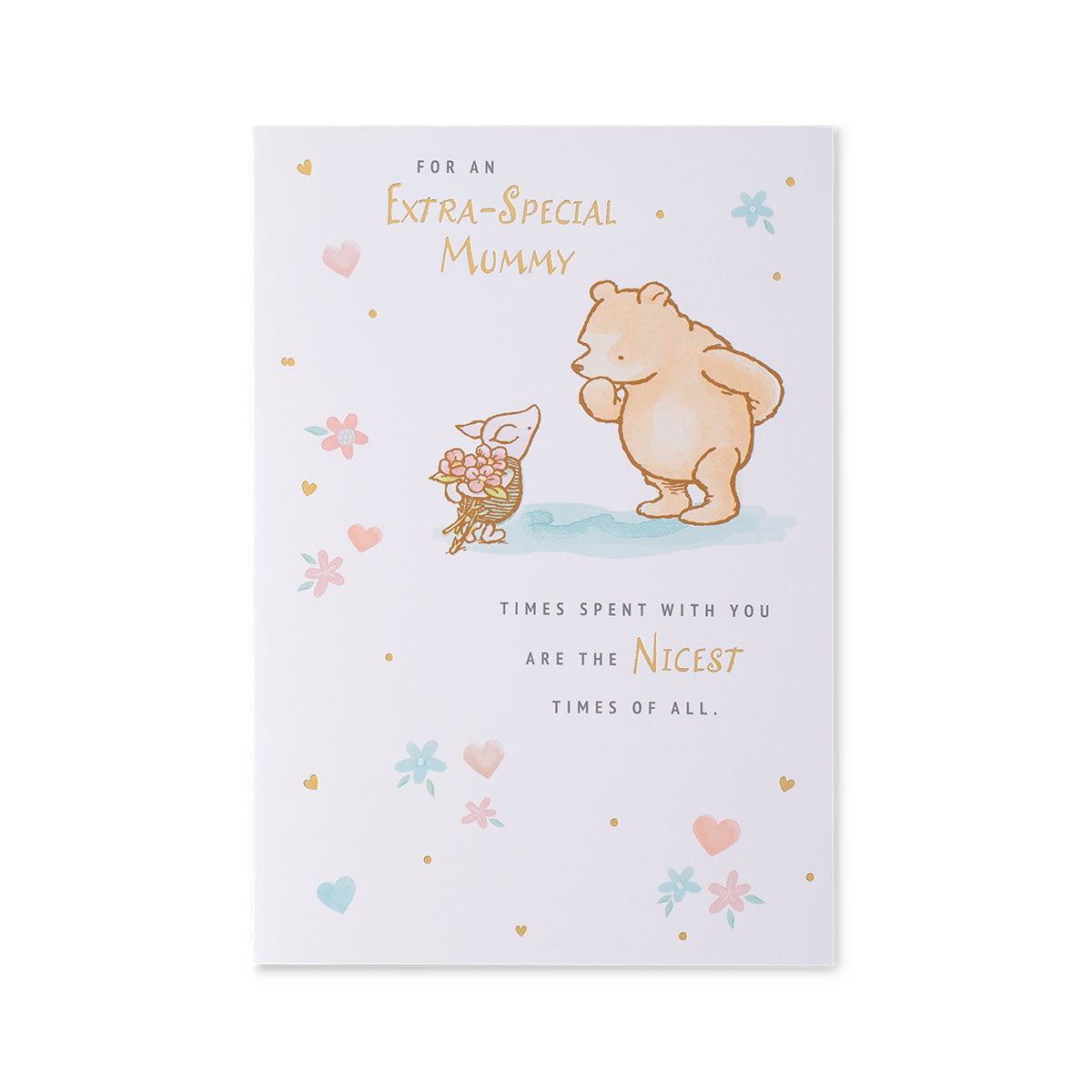 Hallmark Mother's Day Card - Mummy Winnie the Pooh with gold foiled lettering and cute illustrations on front, flat lay view.