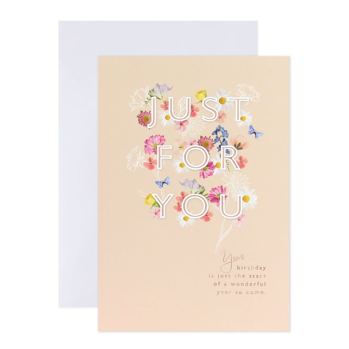 Connections from Hallmark Birthday Card - Just For You featuring floral illustrations and rose gold foil highlights, flat lay view.