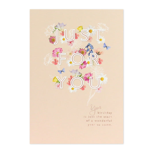Connections from Hallmark Birthday Card - Just For You featuring floral illustrations and rose gold foil highlights on a pastel background.