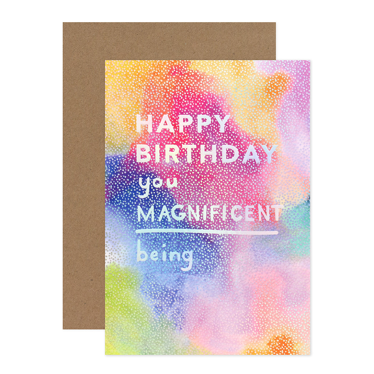 Connections from Hallmark Birthday Card - Magnificent Being featuring colourful watercolour design and kraft envelope, flat lay view.